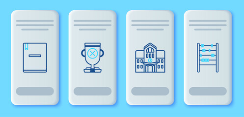 Set line Award cup, School building, Notebook and Abacus icon. Vector
