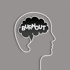 Burnout syndrome concept with head, brain and letters. Feeling burned out, exhausted, tired as a mental health problem sign. Vector illustration in paper cut art with shadow.