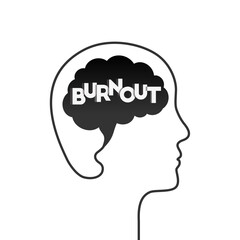 Mental burnout concept with head outline, brain silhouette and letters. Mentally feeling burned out, burn out syndrome, burnt mind. Vector illustration isolated on white background.