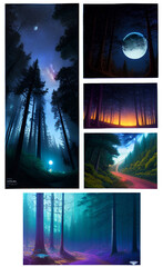 night fantasy forest in different colors, AI generation