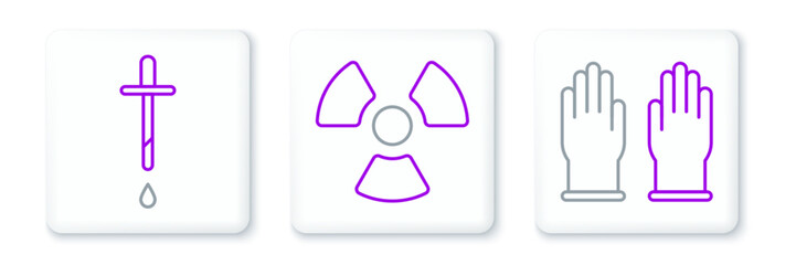 Set line Rubber gloves, Pipette and Radioactive icon. Vector