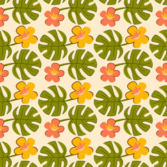 Floral exotic tropical seamless wallpaper with tropic hawaiian pattern. Flowers of plumeria (frangipani) and green leaves of monstera on a white background. Beach background, repeating the design.