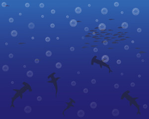 Obraz na płótnie Canvas Vector landscape with silhouettes of the seabed with different types of fish and bubbles for background or banners.