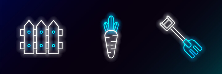 Set line Garden rake, fence wooden and Carrot icon. Glowing neon. Vector