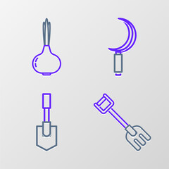 Set line Garden rake, Shovel, Sickle and Onion icon. Vector