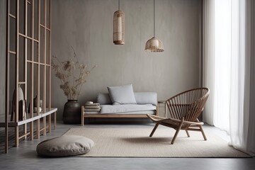White and gray Japanese living room with copy space. Sofa and hanging chair. Wabi sabi decor,. Generative AI