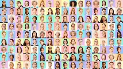 Panorama mit Portraits von Frauen vor bunten Hintergründen