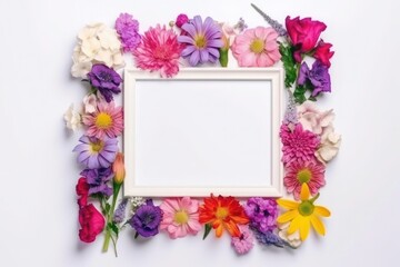 empty photo frame floral arrangement flowers frame photo text copy space card mockup white background generative ai 