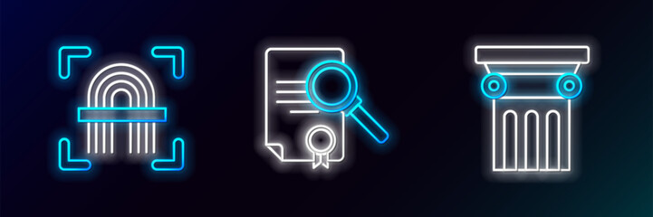 Set line Law pillar, Fingerprint and Document with search icon. Glowing neon. Vector