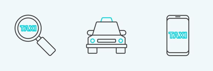 Set line Taxi call telephone service, Magnifying glass and taxi car and icon. Vector
