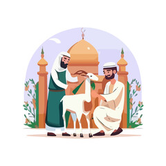 Eid Mubarak for the celebration of Muslim community festival Eid Al Adha. Greeting card with sacrificial sheep and crescent background Vector