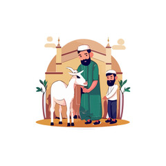Eid Mubarak for the celebration of Muslim community festival Eid Al Adha. Greeting card with sacrificial sheep and crescent background Vector