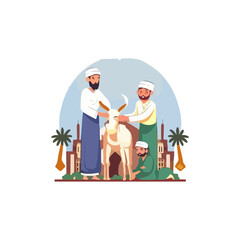 Eid Mubarak for the celebration of Muslim community festival Eid Al Adha. Greeting card with sacrificial sheep and crescent background Vector