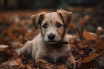 Autumn leaves and an adorable puppy on a concrete floor. Generative AI