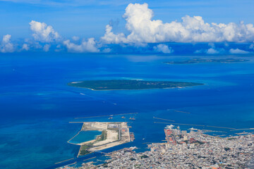 Taketomi Island, Kohama Island, and Iriomote Island seen from above Ishigaki Island