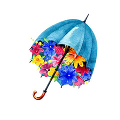 Turquoise umbrella with multicolor flowers inside. Spring watercolor hand draw illustration, isolated on a white background - 586941787