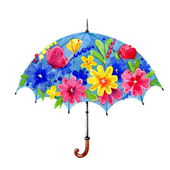 Turquoise umbrella with multicolor flowers inside. Spring watercolor hand draw illustration, isolated on a white background - 586941788