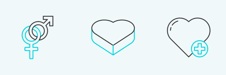 Set line Heart, Gender and Candy in heart shaped box icon. Vector