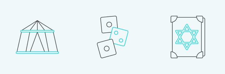 Set line Ancient magic book, Circus tent and Game dice icon. Vector