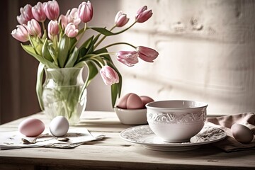 Easter, a still life scene in spring. On an old wooden bench, there is a cup of coffee and a floral arrangement in a white ceramic vase. Mockup of a blank greeting card. Olive tree branches with pink
