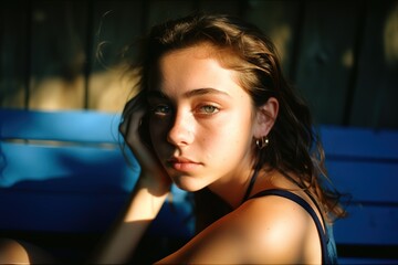 Fototapeta na wymiar Portrait of a teenage girl. Model photoshoot in studio. Beauty and fashion. Generative AI.