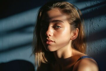 Fototapeta na wymiar Portrait of a teenage girl. Model photoshoot in studio. Beauty and fashion. Generative AI.