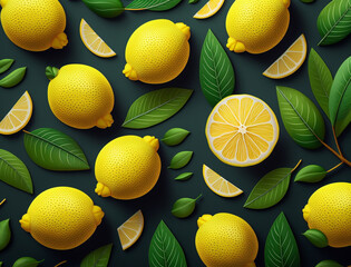 Lemon and slice 3d pattern. Yellow tropical citrus fruit on dark background for Lemonade Day, Lemon Juice Day or Plant a Lemon Tree Day. Generative AI