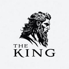 Black White Man with Beard Mustache Drawing like Zeus Neptune Poseidon Triton Face Greek God Mythology illustration logo design
