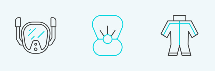 Set line Wetsuit, Diving mask and Shell with pearl icon. Vector