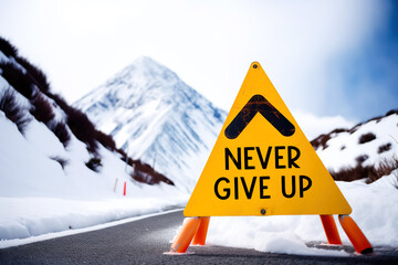 never give up, motivation, success, inspirational quote, on a yellow sign and snowy mountain background - generative ai