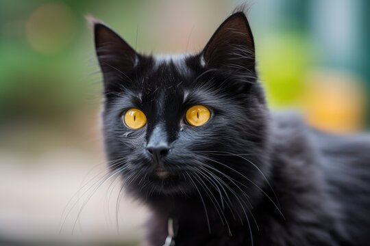 Choose a focus Female Black cat with large yellow eyes. It demonstrates an interest in photography and a blurred background. Generative AI