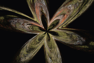 Green orange floral pattern of crooked waves on a black background. Abstract fractal 3D rendering