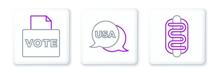 Set line Hotdog sandwich, Vote box and USA Independence day icon. Vector