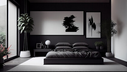 Clean style black bedroom interior