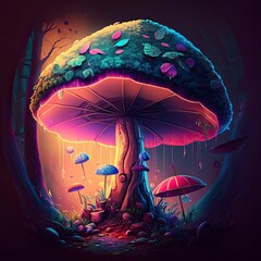 Magic mushrooms in the forest while the rain is falling, neon lights. Generate AI.
