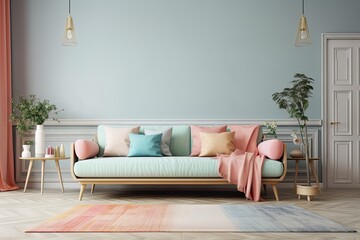 one traditional sofa design in the living room. minimalist design idea style of pastel colors. Generative AI