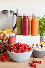 Healthy fresh fruit and vegetable smoothies with assorted ingredients of various colors and tastes. Superfood detox and diet food concept