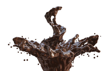 Gushing liquid chocolate splash isolated on transparent background. 3D rendering