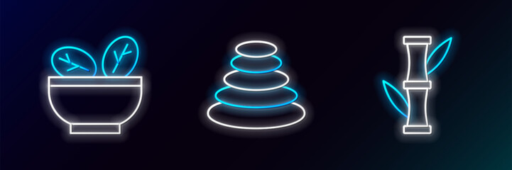 Set line Bamboo, Salad in bowl and Stack hot stones icon. Glowing neon. Vector