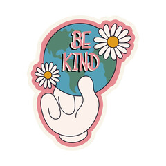 Set of vintage groovy stickers and elements Save the planet concept for poster of sticker design. Retro character, hippie 70s style, hand with planet, zero waste,  go green, eco. Retro vector set	