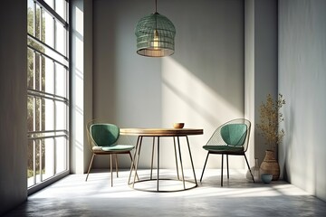cozy dining area with a wooden table and two chairs. Generative AI