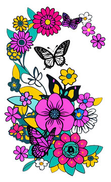 Composition of bright summer flowers and butterflies on a white background in cartoon style
