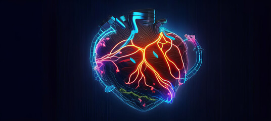 The 3D shape of a human heart with glowing lines against a dark background. 