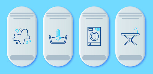 Set line Temperature wash, Washer, Water spill and Iron and ironing board icon. Vector