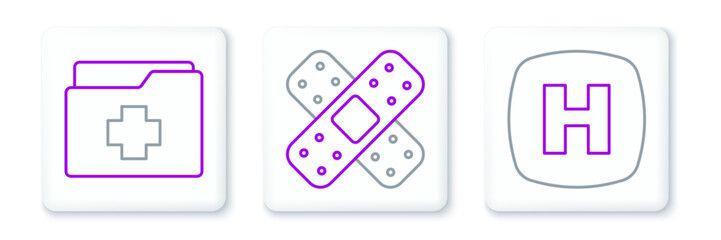 Set line Hospital signboard, Patient record and Crossed bandage plaster icon. Vector