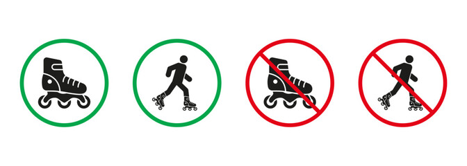 Man in Roller Skate Red and Green Signs. Rollerblading Silhouette Icons Set. Allowed and Prohibited Rollerskate, Entry with Eco Transport Pictogram. Isolated Vector Illustration