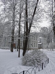 A road leading to a gray two-story building among snow-covered trees in a city park on Elagin Island in St. Petersburg.