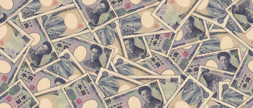 Japan financial illustration. Seamless pattern. The obverse and reverse of Japanese 1000 yen banknotes are randomly scattered. Wallpaper or background.
