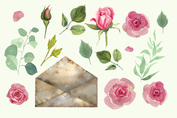 Envelope with flowers watercolor illustration. Watercolor drawing of an envelope with roses on a white background.