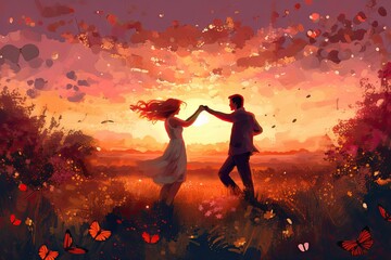 Impressionist-inspired Couple's Dance in a Field of Blooming Flowers made with generative AI